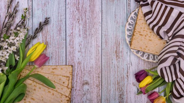 Jewish attributes the tradition symbol Passover holiday with matzoh unleavened bread for Pesach celebration