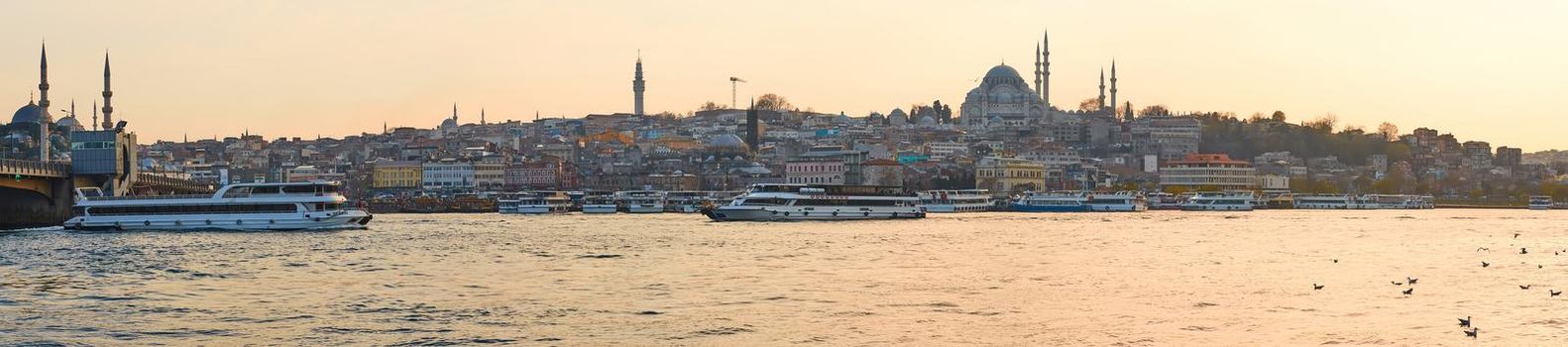 Tourist boat sails on the Golden Horn in Istanbul at sunset, Turkey