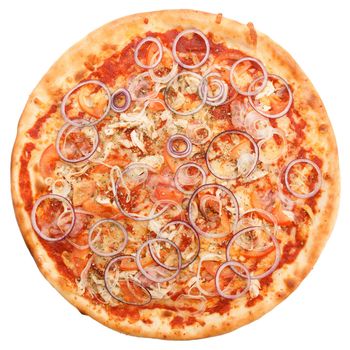 Classic Italian pizza with bacon, chicken and red onion isolated on white background. Top view.