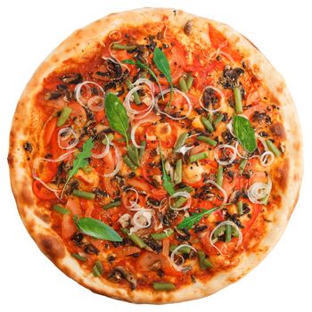 Delicious italian vegetarian pizza with tomatoes, mushrooms, peppers, onion, arugula and spinach and black olives - thin pastry crust isolated at white, top view