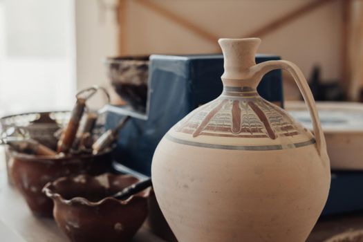 Handmade Crafted Clay Jug and Pottery Accessories in Ceramic Studio