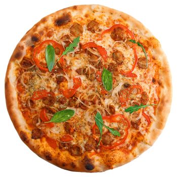 View from top on tasty pizza with sausages, bell pepper, mustard and lot of cheese, isolated with clipping path