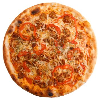 View from top on tasty pizza with sausages, bell pepper, mustard and lot of cheese, isolated with clipping path