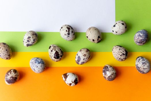 small spotted quail eggs scattered on beige cloth and bouquet of dried blue gypsophila flowers.