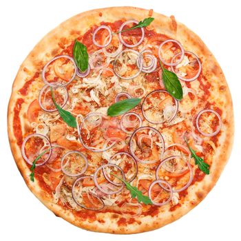Classic Italian pizza with bacon, chicken and red onion isolated on white background. Top view.