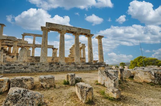 Photo from iconic Temple of Aphaia with veiws to Saronic Gulf in island of Aegina at sunny spring morning, Attica, Greece