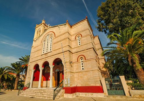 The domed church of Panagitsa on the seafront at Aegina Town on the Greek island of Aegina.