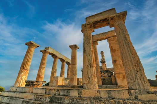 Photo from iconic Temple of Aphaia with veiws to Saronic Gulf in island of Aegina at sunny spring morning, Attica, Greece