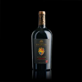 Tallinn, Estonia - March 2022. Casa Charlize Red wine Isolated on black white background. Italy wine