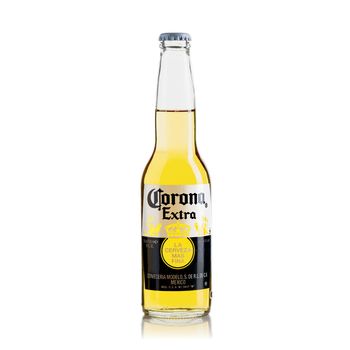 Tallinn, Estonia - March, 2022: Corona Extra beer isolated on white, produced by Cerveceria Modelo in Mexico.