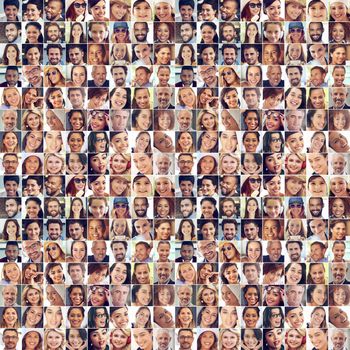 Composite image of a large group of diverse people smiling.