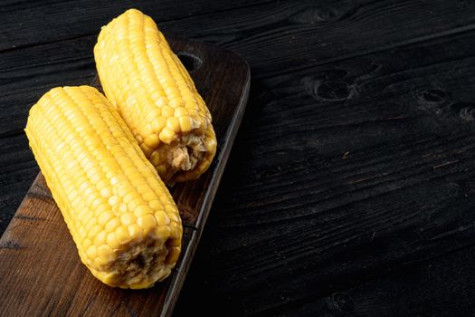 Homemade golden sweet corn cob set, on black wooden table background, with copy space for text