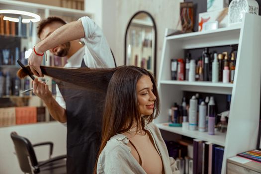 Professional hairdresser holding a comb while cutting hair of woman. Hair care, beauty