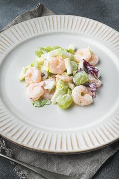 Prawn cocktail with lettuce, cherry tomatoes, dressing, dill set , with sauce apple and grape, on gray background