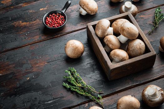 Royal champignons, Parisian champignons set, on old dark wooden table background , with space for text copyspace