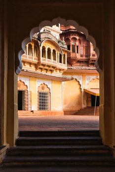 Arched gateway in Mehrangarh fort example of Rajput architecture. Jodhpur, Rajasthan, India