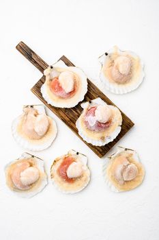 Frozen sea Scallops set, on white stone table background, with copy space for text
