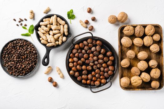 Different kinds of nuts, peanut, walnut, pine nuts and hazelnut set, on white stone table background, top view flat lay