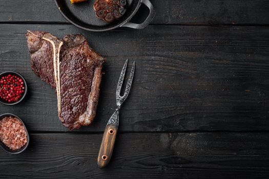 Dry Aged Barbecue Porterhouse Steak T-bone set, top view flat lay, with copy space for text