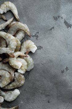 Frozen shell on Tiger Prawns or Asian tiger Shrimps set, on gray stone background, top view flat lay, with copy space for text