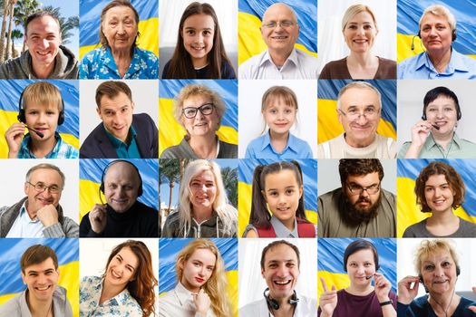 Collage of many smiling happy people children with a ukrainian flags. Banner.