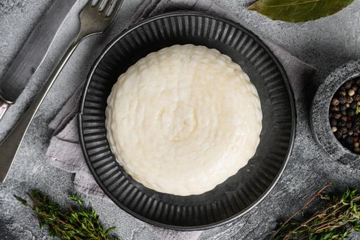 Regular tofu set, on gray stone table background, top view flat lay