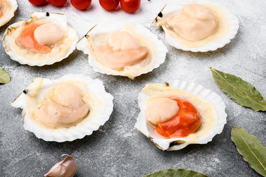 Seared scallops shell with butter, garlic set, on gray stone table background