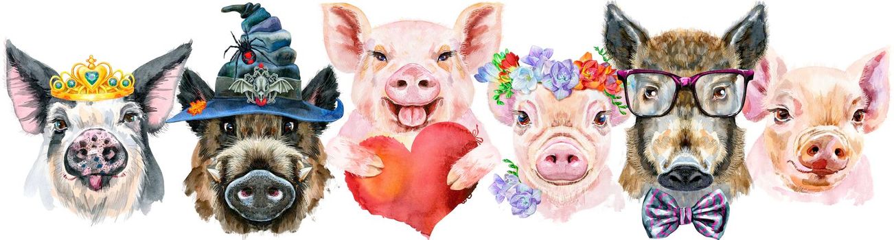 Cute border from watercolor portraits of pigs. Watercolor illustration of pigs in wreath of peonies, glasses, witch hat, golden crown, with red heart
