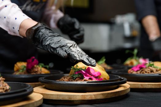 Plate of tasty Swiss dish with venison and cabbage served with herbs.