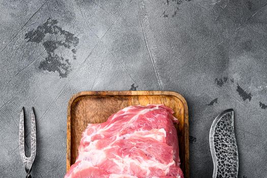 Raw meat set, on gray stone table background, top view flat lay, with copy space for text