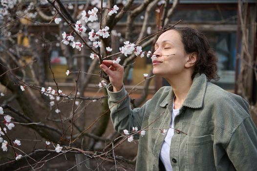 Confident serene European dark-haired woman enjoying the scent of the white flowers on the branch of a blossoming apricot fruit tree, standing in her garden plot on an early spring day