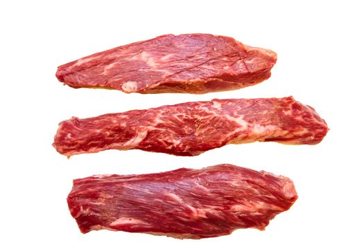 Steak Bottom Sirloin Flap Meat (Bavet) of marbled beef on a white background