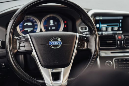 TERNOPIL, Ukraine - September 11 2021: CloseUp View of Steering Wheel Inside of Volvo XC60