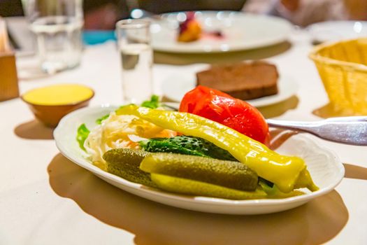 Traditional Russian snacks (pickles, tomatoes, sauerkraut) are on the plate.