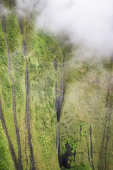 Hawaiian Misty Waterfalls stream down a volcanic jungle in Kauai