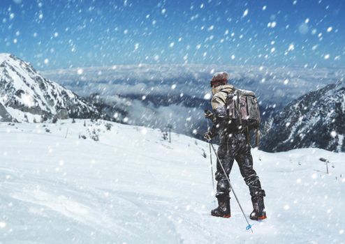 Shot of a male hiker in extreme terrain.