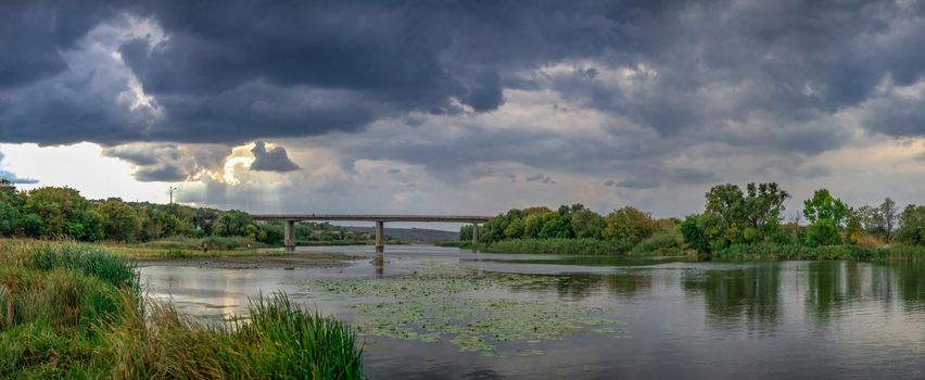 Southern Bug river in Mykolaiv region of Ukraine on a gloomy autumn evening