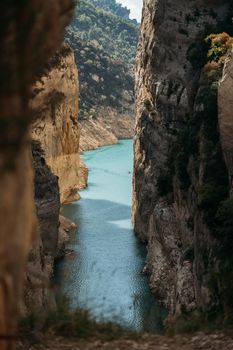 Beautiful landscape of gorge with turquoise river and forest. Congost de Mont Rebei, Catalonia, Spain