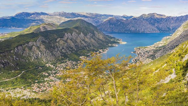 Montenegro. Bay of Kotor, Gulf of Kotor, Boka Kotorska and walled old city. Fortifications of Kotor is on UNESCO World Heritage List since 1979.