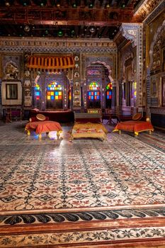 Takhat Vilas (Maharaja Takhat Singh's Chamber) decorated room in Mehrangarh fort. Jodhpur, Rajasthan, India
