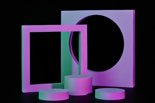 Purple cylindrical platforms of different heights and vertical frames with square and round openings on black background. Abstract minimalistic pedestal for product presentation