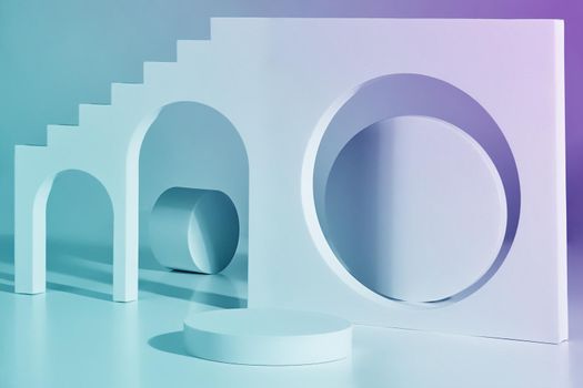 Abstract illustration of empty cylindrical pedestal against background of wall element with steps, archways and round opening. Showcase concept for product presentation. Toned image