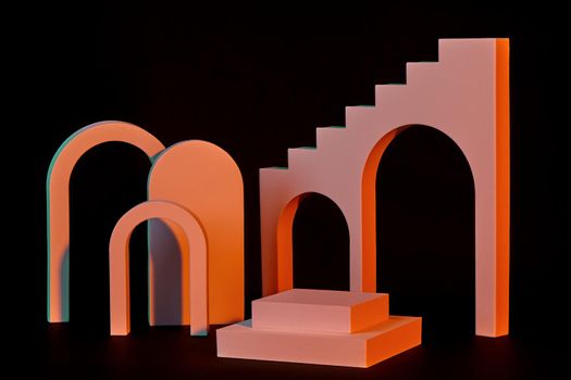 Abstract product showcase podium design with two-step coral square platform, arches and wall element with arched openings and stairs on black background. 3D rendering
