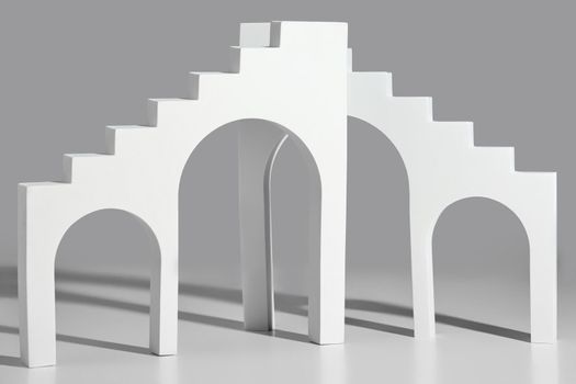 Abstract gray background with arched stairs. Podium mockup for product presentation. Horizontal image, 3D rendering