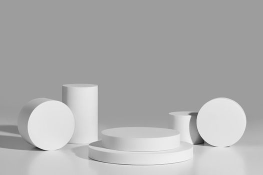 Monochrome illustration with simple geometrical shapes. White two-level round platform and cylinders of different sizes on light gray background. Abstract showcase mockup. 3D rendering