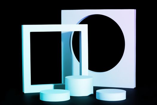 Light blue cylindrical platformes of different heights and vertical square frames on black background. Abstract minimalistic pedestal for product presentation, 3D rendering