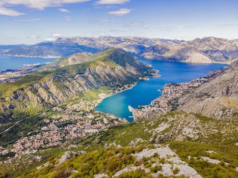 Montenegro. Bay of Kotor, Gulf of Kotor, Boka Kotorska and walled old city. Fortifications of Kotor is on UNESCO World Heritage List since 1979.