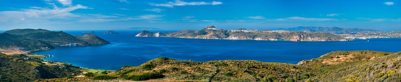 Scenic panorama of greek scenery - Aegean sea near Milos island on summer day in Greece