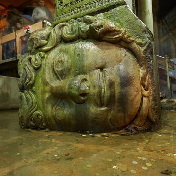 Gorgon Medusa head in underground Basilica Cistern the largest ancient water reservoirs, Istanbul, Turkey.