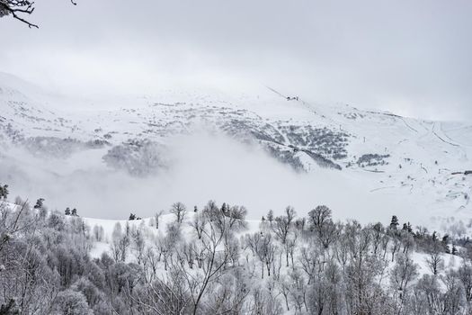 Covered with snow Caucasus mountain in Bakuriani resort, Georgia